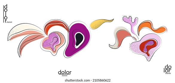 Abstract hand drawn vector artistic logo set isolated on white. Line art artistic illustration with texture. Retro flat colors organic natural Eco food design. Organic healthy vegan doodle.