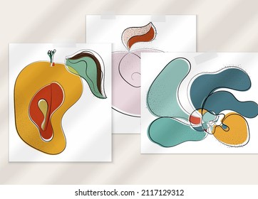 Abstract hand drawn vector artistic poster set with shadow overlay. Line art artistic illustration with texture. Retro flat colors organic natural design. Organic healthy vegan doodle.