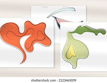 Abstract hand drawn vector artistic poster set with shadow overlay. Line art artistic illustration with texture. Retro flat colors organic natural design. Organic healthy vegan doodle.