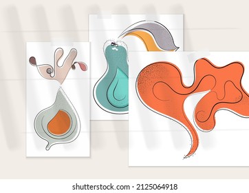 Resumen de afiche artístico vector dibujado a mano con superposición de sombra. Ilustración artística de línea con textura. Colores planos retro diseño natural orgánico. Doodle vegetal orgánico sano.