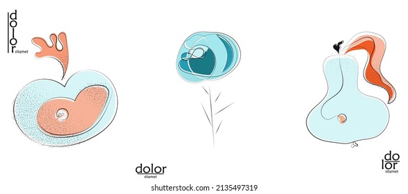 Abstraktes handgezeichnetes, Vektorgrafik-Logo einzeln auf Weiß. Kunstausstellung in Linie mit Textur. Retro flache Farben Bio-Natur Eco Food Design. Organische gesunde veganische Doodle.