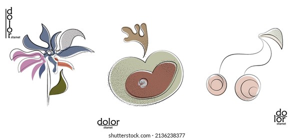 Abstract hand drawn vector artistic logo set isolated on white. Line art artistic illustration with texture. Retro flat colors organic natural Eco food design. Organic healthy vegan doodle.