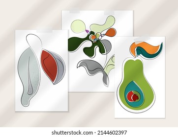 Abstract hand drawn vector artistic poster set with shadow overlay. Line art artistic illustration with texture. Retro flat colors organic natural design. Organic healthy vegan doodle.