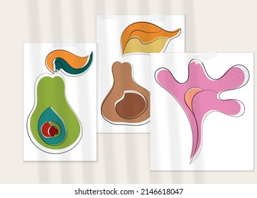 Abstract hand drawn vector artistic poster set with shadow overlay. Line art artistic illustration with texture. Retro flat colors organic natural design. Organic healthy vegan doodle.