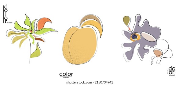 Abstract hand drawn vector artistic logo set isolated on white. Line art artistic illustration with texture. Retro flat colors organic natural Eco food design. Organic healthy vegan doodle.