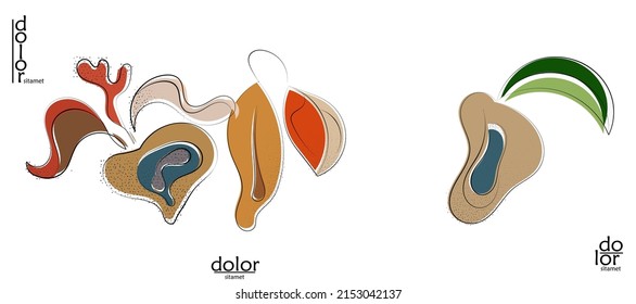 Resumen del logo artístico vectorial dibujado a mano aislado en blanco. Ilustración artística de línea con textura. Colores planos retro diseño ecológico de alimentos ecológicos naturales. Doodle vegetal orgánico sano.