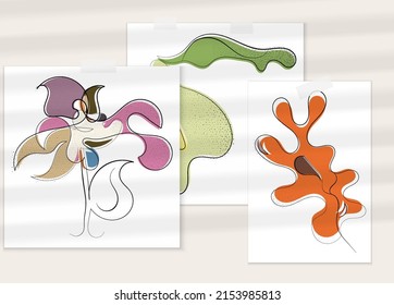 Abstract hand drawn vector artistic poster set with shadow overlay. Line art artistic illustration with texture. Retro flat colors organic natural design. Organic healthy vegan doodle.