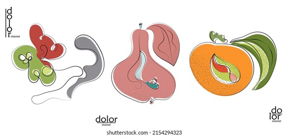 Resumen del logo artístico vectorial dibujado a mano aislado en blanco. Ilustración artística de línea con textura. Colores planos retro diseño ecológico de alimentos ecológicos naturales. Doodle vegetal orgánico sano.