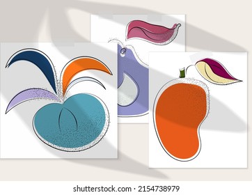 Abstract hand drawn vector artistic poster set with shadow overlay. Line art artistic illustration with texture. Retro flat colors organic natural design. Organic healthy vegan doodle.