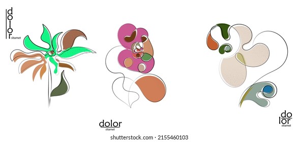 Abstract hand drawn vector artistic logo set isolated on white. Line art artistic illustration with texture. Retro flat colors organic natural Eco food design. Organic healthy vegan doodle.