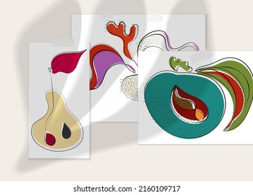 Abstract hand drawn vector artistic poster set with shadow overlay. Line art artistic illustration with texture. Retro flat colors organic natural design. Organic healthy vegan doodle.