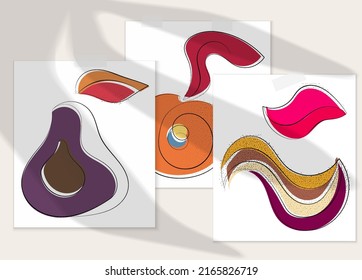 Abstract hand drawn vector artistic poster set with shadow overlay. Line art artistic illustration with texture. Retro flat colors organic natural design. Organic healthy vegan doodle.