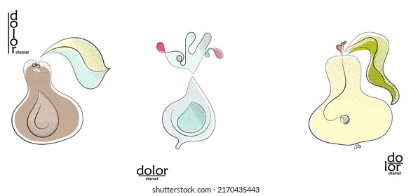 Abstract hand drawn vector artistic logo set isolated on white. Line art artistic illustration with texture. Retro flat colors organic natural Eco food design. Organic healthy vegan doodle.