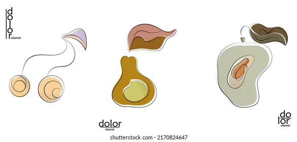 Abstract hand drawn vector artistic logo set isolated on white. Line art artistic illustration with texture. Retro flat colors organic natural Eco food design. Organic healthy vegan doodle.
