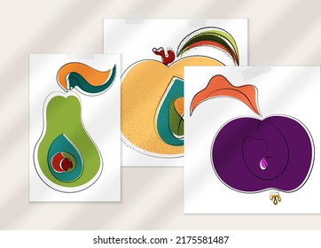 Abstract hand drawn vector artistic poster set with shadow overlay. Line art artistic illustration with texture. Retro flat colors organic natural design. Organic healthy vegan doodle.