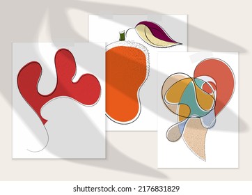 Abstrakter handgezeichneter Vektorgrafik-Plakat mit Schattenüberlagerung. Kunstausstellung in Linie mit Textur. Retro flache Farben organische natürliche Design. Organische gesunde veganische Doodle.