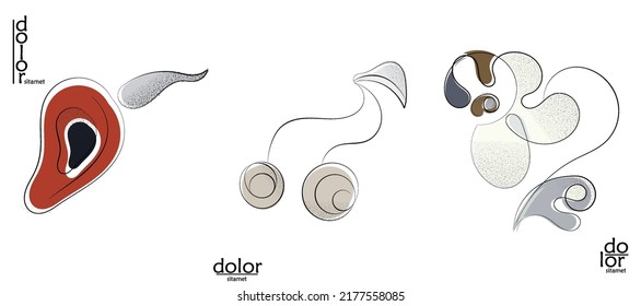 Abstract hand drawn vector artistic logo set isolated on white. Line art artistic illustration with texture. Retro flat colors organic natural Eco food design. Organic healthy vegan doodle.