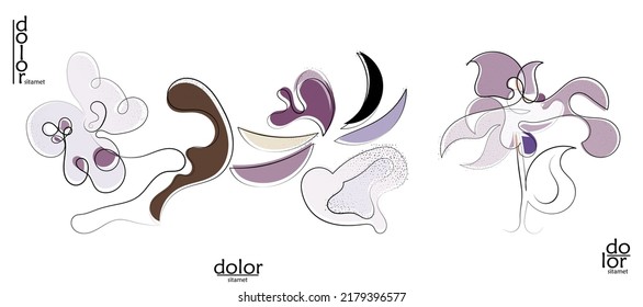 Abstract hand drawn vector artistic logo set isolated on white. Line art artistic illustration with texture. Retro flat colors organic natural Eco food design. Organic healthy vegan doodle.