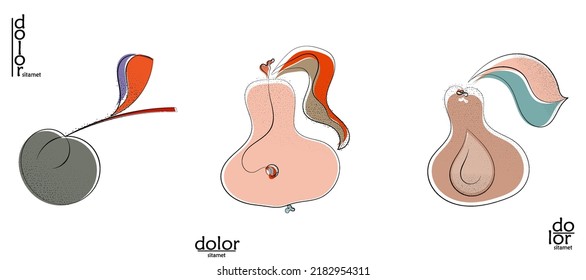 Abstract hand drawn vector artistic logo set isolated on white. Line art artistic illustration with texture. Retro flat colors organic natural Eco food design. Organic healthy vegan doodle.