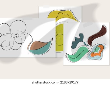 Abstract hand drawn vector artistic poster set with shadow overlay. Line art artistic illustration with texture. Retro flat colors organic natural design. Organic healthy vegan doodle.