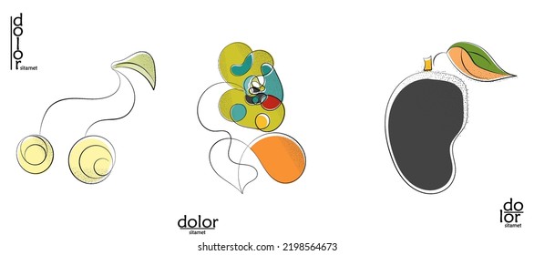 Abstract hand drawn vector artistic logo set isolated on white. Line art artistic illustration with texture. Retro flat colors organic natural Eco food design. Organic healthy vegan doodle.