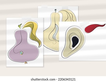 Abstract hand drawn vector artistic poster set with shadow overlay. Line art artistic illustration with texture. Retro flat colors organic natural design. Organic healthy vegan doodle.