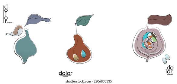 Abstract hand drawn vector artistic logo set isolated on white. Line art artistic illustration with texture. Retro flat colors organic natural Eco food design. Organic healthy vegan doodle.