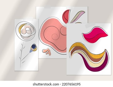 Abstract hand drawn vector artistic poster set with shadow overlay. Line art artistic illustration with texture. Retro flat colors organic natural design. Organic healthy vegan doodle.