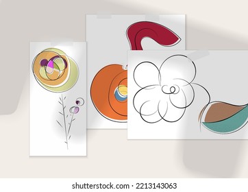 Abstract hand drawn vector artistic poster set with shadow overlay. Line art artistic illustration with texture. Retro flat colors organic natural design. Organic healthy vegan doodle.