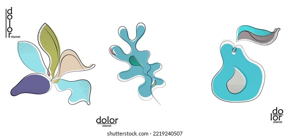 Abstract hand drawn vector artistic logo set isolated on white. Line art artistic illustration with texture. Retro flat colors organic natural Eco food design. Organic healthy vegan doodle.
