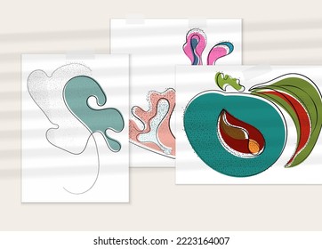 Abstract hand drawn vector artistic poster set with shadow overlay. Line art artistic illustration with texture. Retro flat colors organic natural design. Organic healthy vegan doodle.