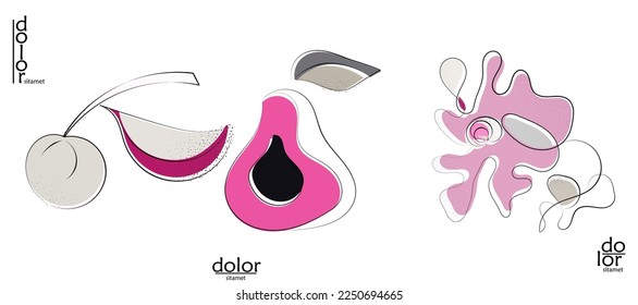 Abstract hand drawn vector artistic logo set isolated on white. Line art artistic illustration with texture. Retro flat colors organic natural Eco food design. Organic healthy vegan doodle.