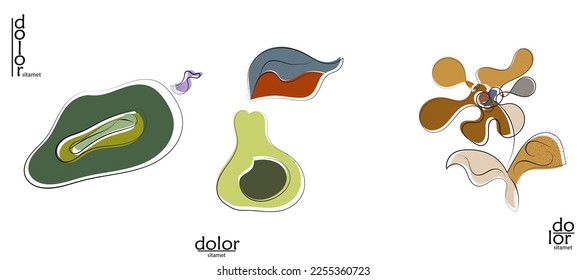 Abstract hand drawn vector artistic logo set isolated on white. Line art artistic illustration with texture. Retro flat colors organic natural Eco food design. Organic healthy vegan doodle.