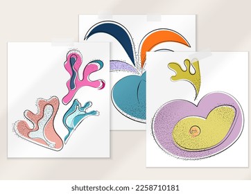Abstract hand drawn vector artistic poster set with shadow overlay. Line art artistic illustration with texture. Retro flat colors organic natural design. Organic healthy vegan doodle.