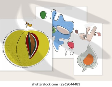 Resumen de afiche artístico vector dibujado a mano con superposición de sombra. Ilustración artística de línea con textura. Colores planos retro diseño natural orgánico. Doodle vegetal orgánico sano.