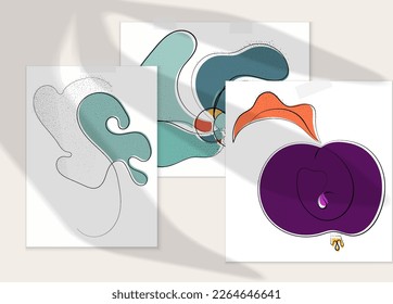 Abstract hand drawn vector artistic poster set with shadow overlay. Line art artistic illustration with texture. Retro flat colors organic natural design. Organic healthy vegan doodle.