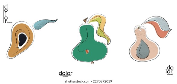Abstract hand drawn vector artistic logo set isolated on white. Line art artistic illustration with texture. Retro flat colors organic natural Eco food design. Organic healthy vegan doodle.