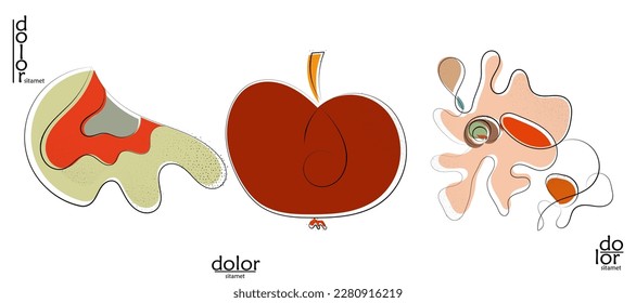 Abstract hand drawn vector artistic logo set isolated on white. Line art artistic illustration with texture. Retro flat colors organic natural Eco food design. Organic healthy vegan doodle.