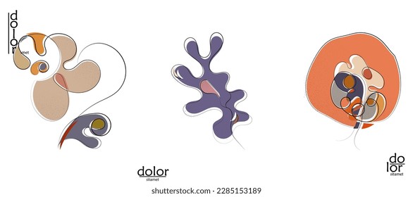 Abstract hand drawn vector artistic logo set isolated on white. Line art artistic illustration with texture. Retro flat colors organic natural Eco food design. Organic healthy vegan doodle.