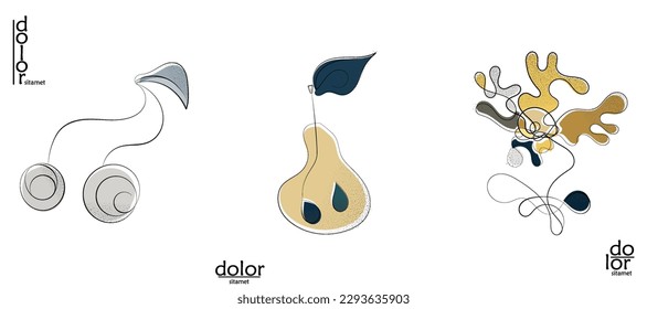 Abstract hand drawn vector artistic logo set isolated on white. Line art artistic illustration with texture. Retro flat colors organic natural Eco food design. Organic healthy vegan doodle.