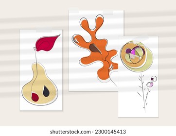 Abstract hand drawn vector artistic poster set with shadow overlay. Line art artistic illustration with texture. Retro flat colors organic natural design. Organic healthy vegan doodle.