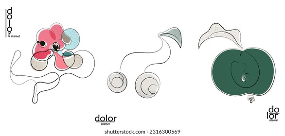 Abstract hand drawn vector artistic logo set isolated on white. Line art artistic illustration with texture. Retro flat colors organic natural Eco food design. Organic healthy vegan doodle.