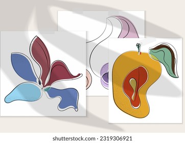 Abstract hand drawn vector artistic poster set with shadow overlay. Line art artistic illustration with texture. Retro flat colors organic natural design. Organic healthy vegan doodle.