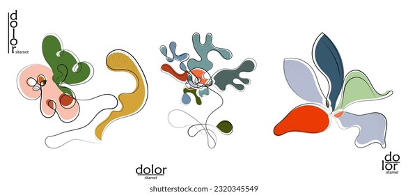 Abstract hand drawn vector artistic logo set isolated on white. Line art artistic illustration with texture. Retro flat colors organic natural Eco food design. Organic healthy vegan doodle.