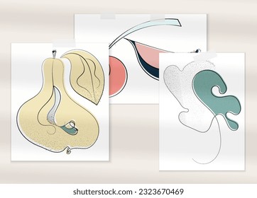 Abstract hand drawn vector artistic poster set with shadow overlay. Line art artistic illustration with texture. Retro flat colors organic natural design. Organic healthy vegan doodle.