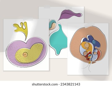 Abstract hand drawn vector artistic poster set with shadow overlay. Line art artistic illustration with texture. Retro flat colors organic natural design. Organic healthy vegan doodle.