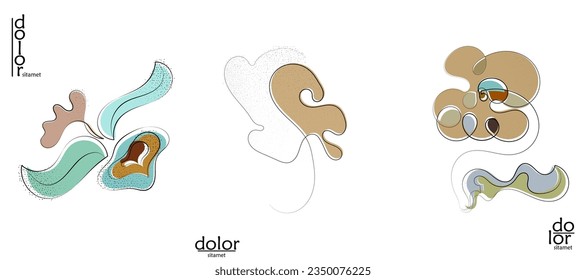 Abstract hand drawn vector artistic logo set isolated on white. Line art artistic illustration with texture. Retro flat colors organic natural Eco food design. Organic healthy vegan doodle.