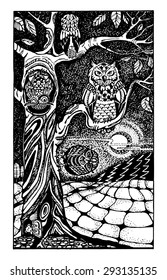 Abstract hand drawn vector artwork with funny owls on the tree.