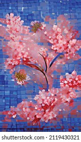 sakura de floración de vector dibujado a mano abstracto. Delicados tonos rosa y azul primaveral. Diseño de afiches hechos a mano, postales