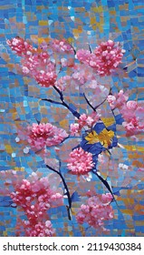 abstract hand drawn vector blooming sakura. Delicate pink and blue spring tones. Ready-made poster design, postcards
